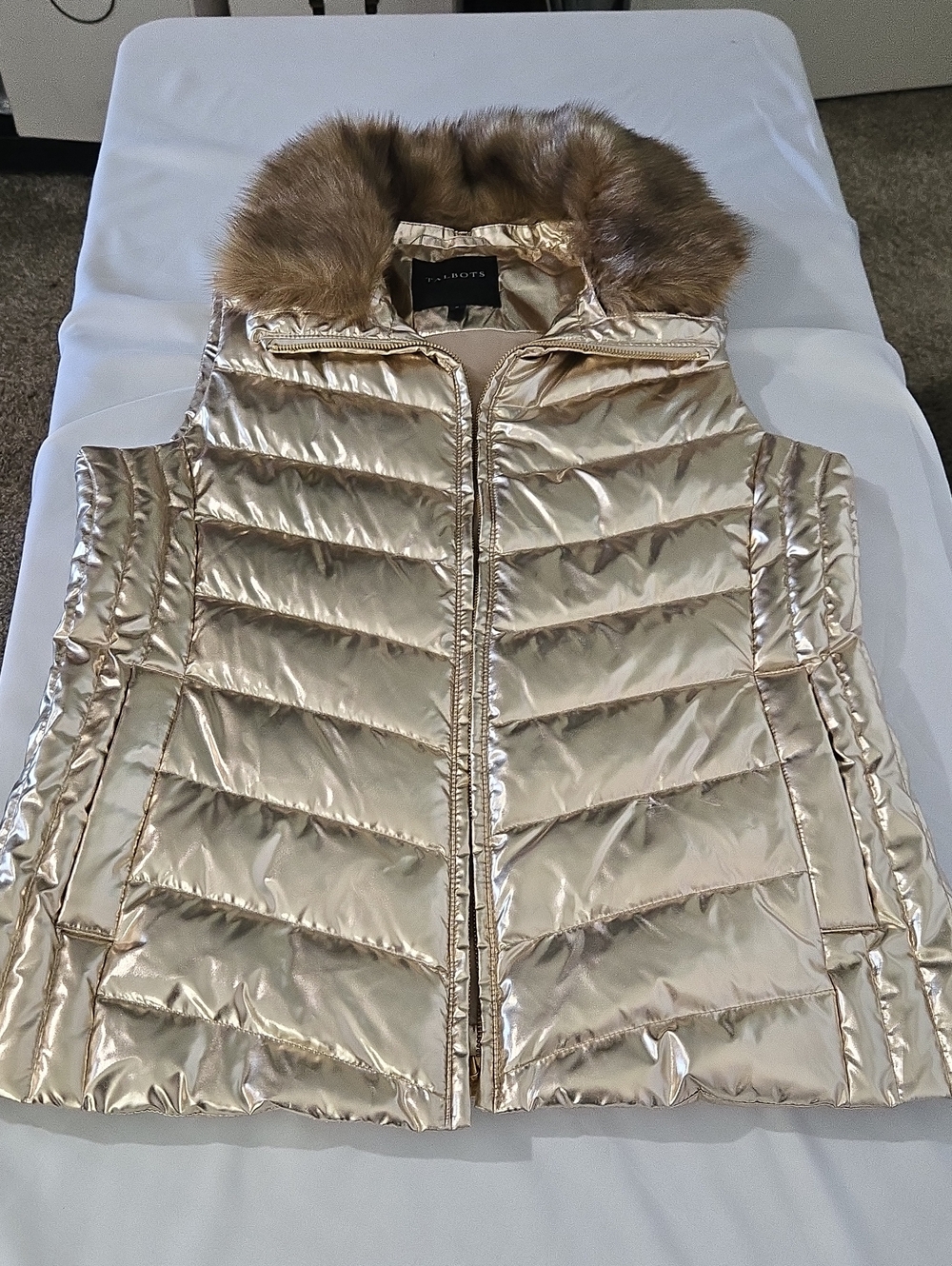 Talbots Metallic Gold Quilted Vest with Faux Fur Collar
